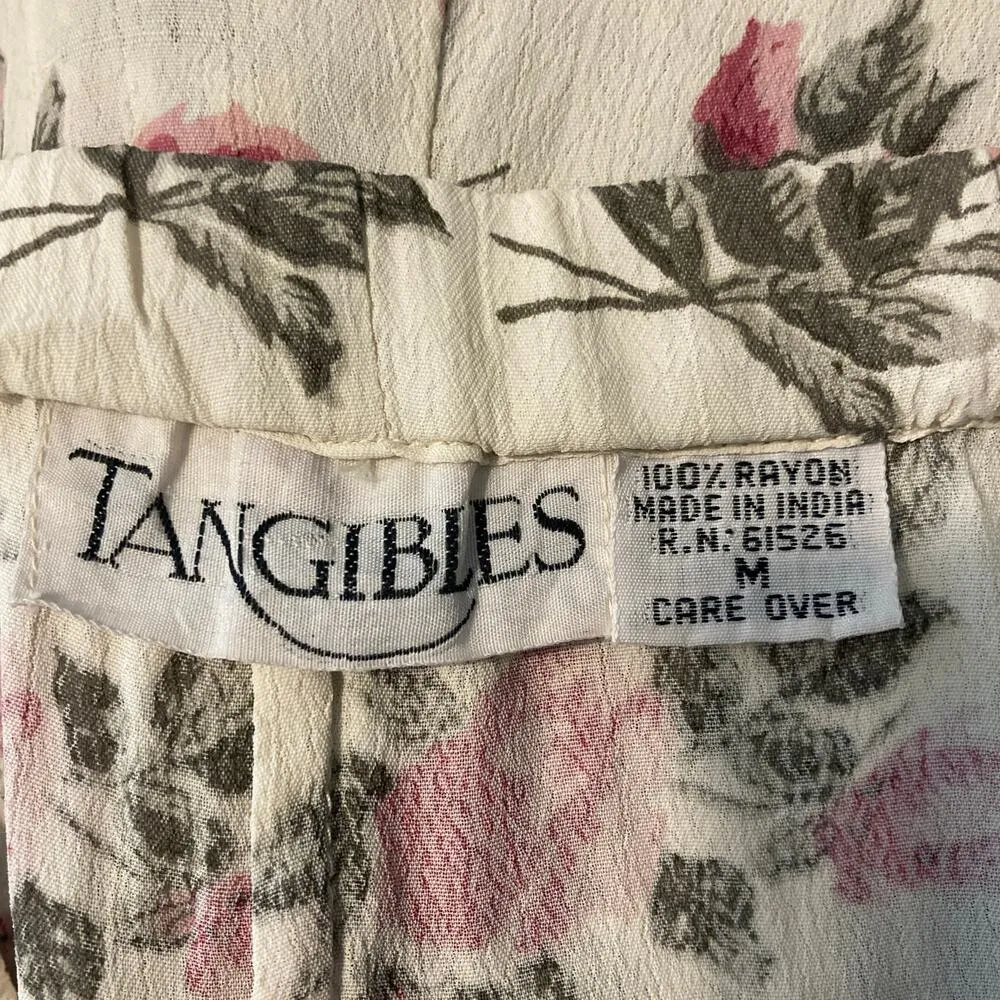 Vintage 90s Tangibles Lightweight Ivory White Pink Green Floral Button Tie Skirt Size M - Image 10