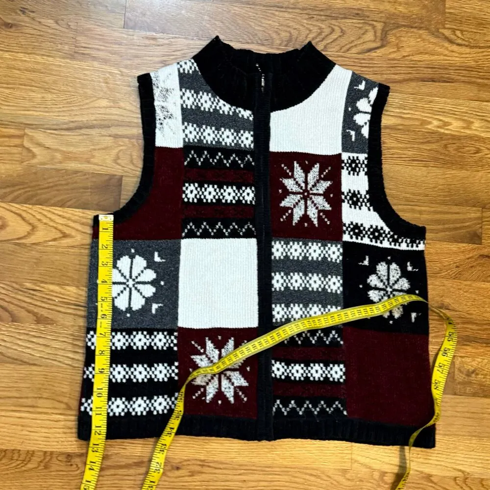 Christopher & Banks Women Retro Black White Snowflake Holiday Christmas Vest - Image 3