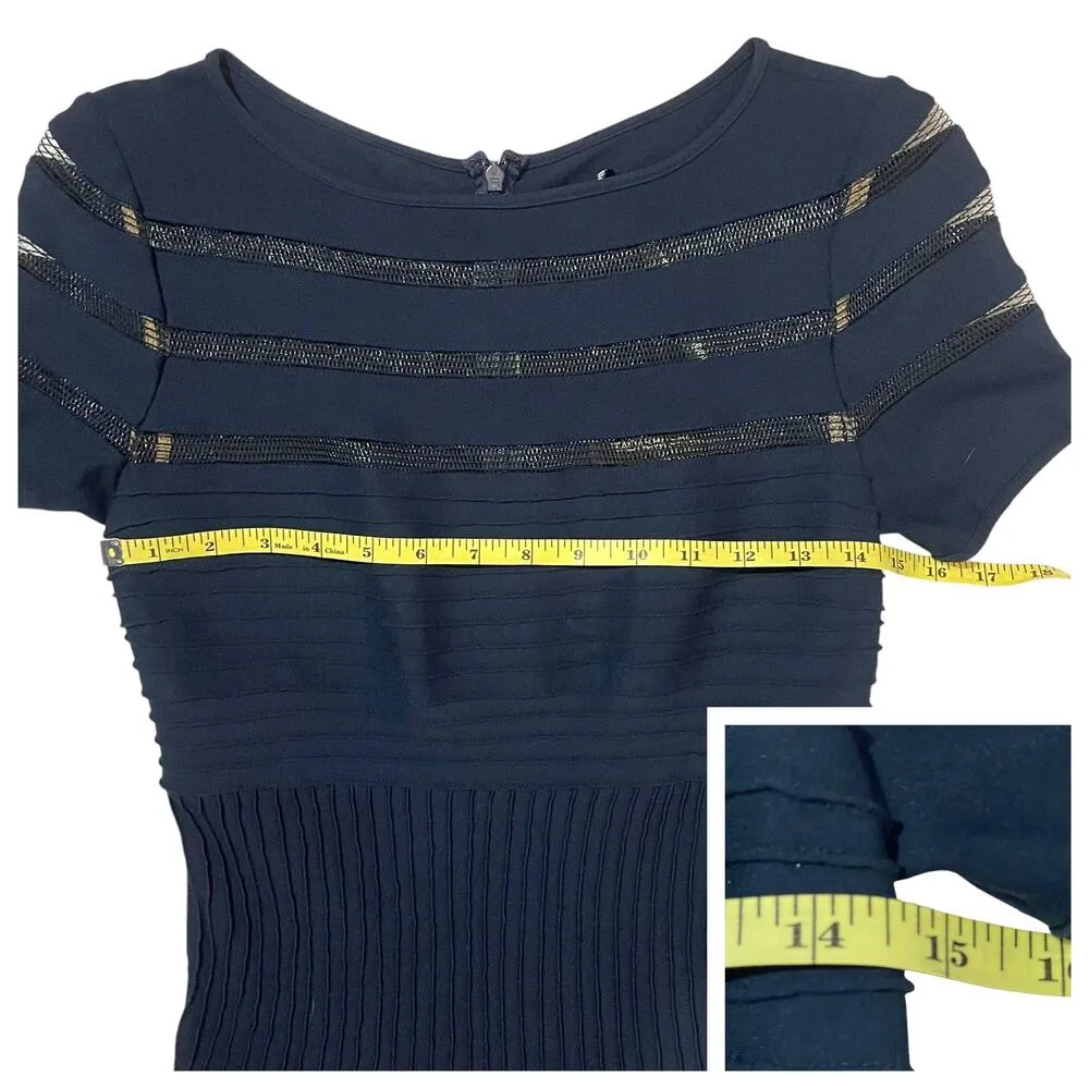 TADASHI SHOJI Pintuck Jersey Cutout Mesh Stripe Short Sleeve Dress - Blue - S - Image 3