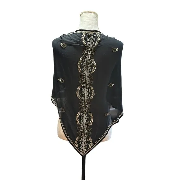 Black Embroidered Sheer Scarf Evening Wrap Shawl Gold & White Beaded Detailing - Image 2