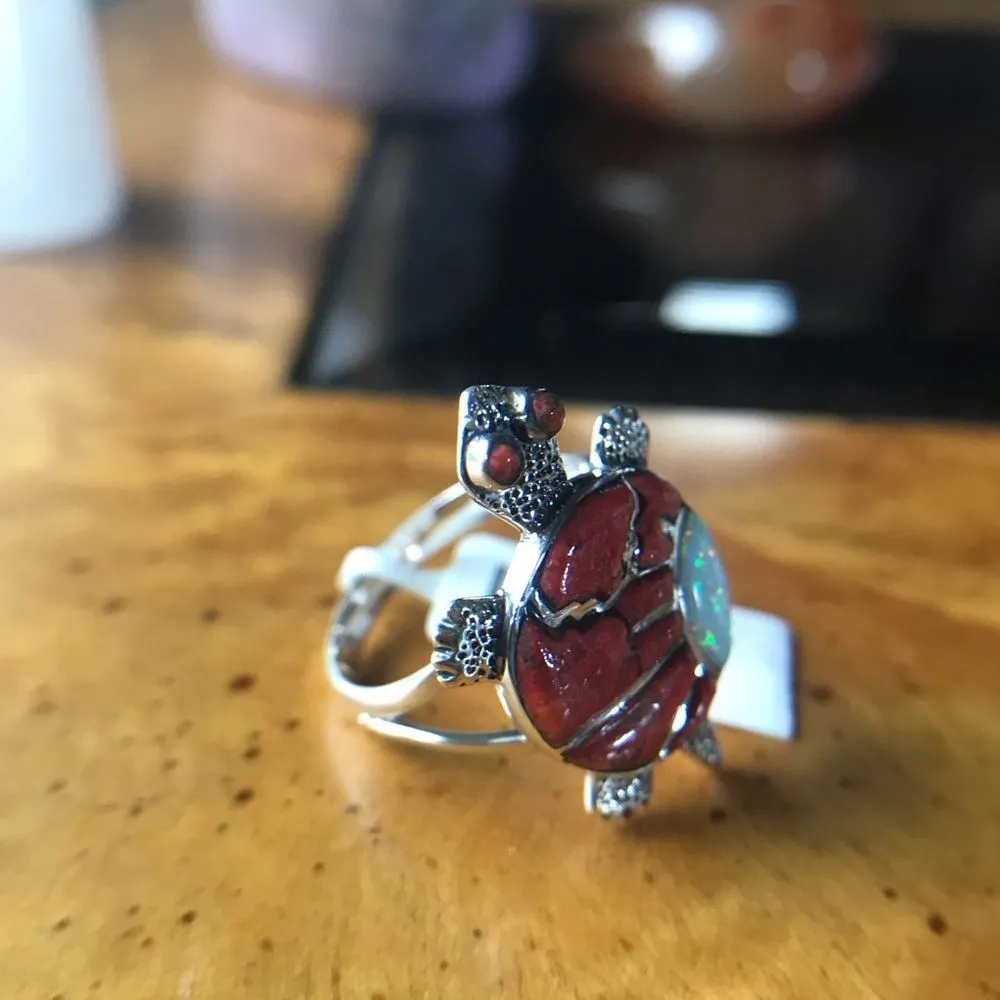 Coral White Opal Sterling Silver Turtle Ring Size 8 Red - Image 3