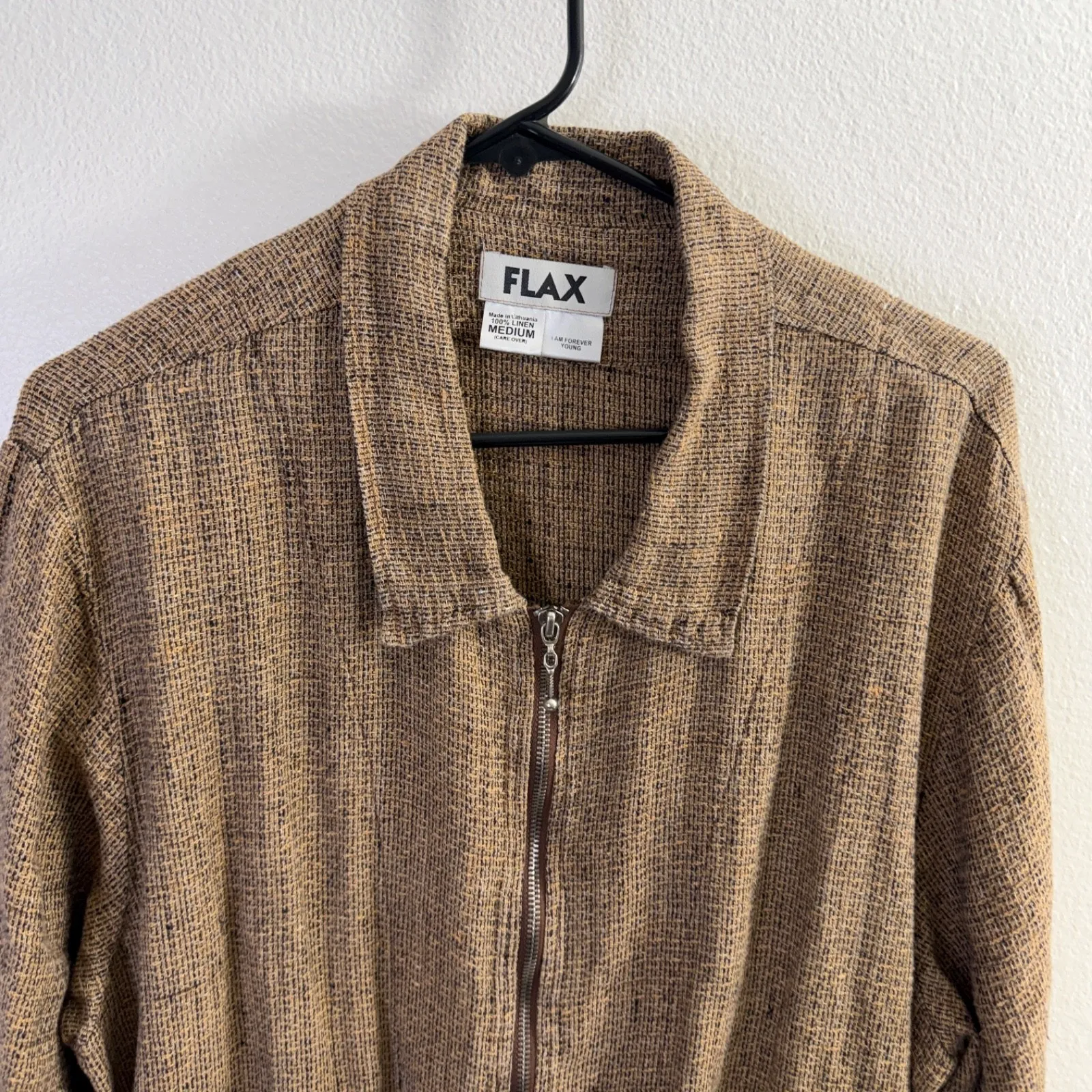 Flax Linen Jacket Womens Medium Brown Full Zip Woven Lagenlook Button Collared - Image 2