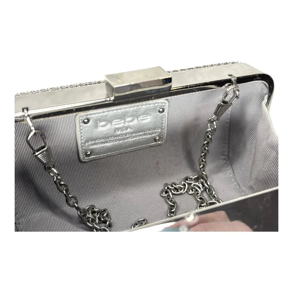 Bebe USA Metal Frame Fashion Clutch HANDBAG Purse Silver Shoulder Chain Strap - Image 5