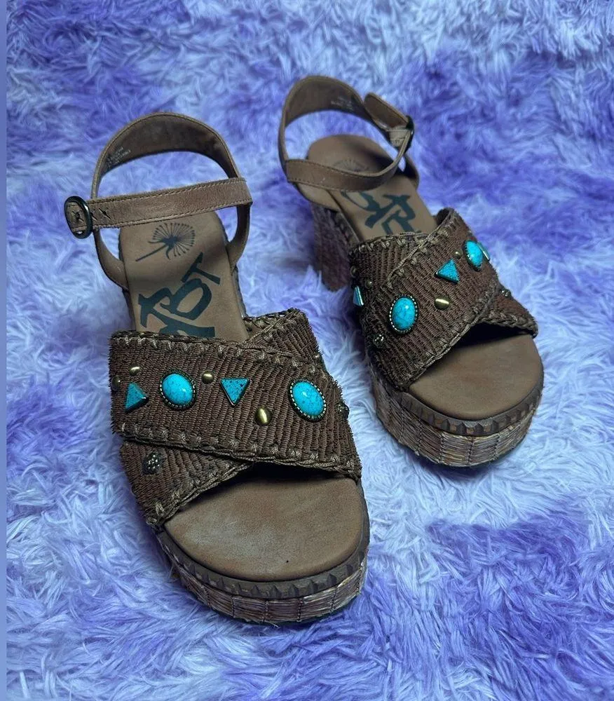 OTBT Leather Brown & Turquoise Chunky Cahoot Espadrille Platform Wedge Sandals - Image 2