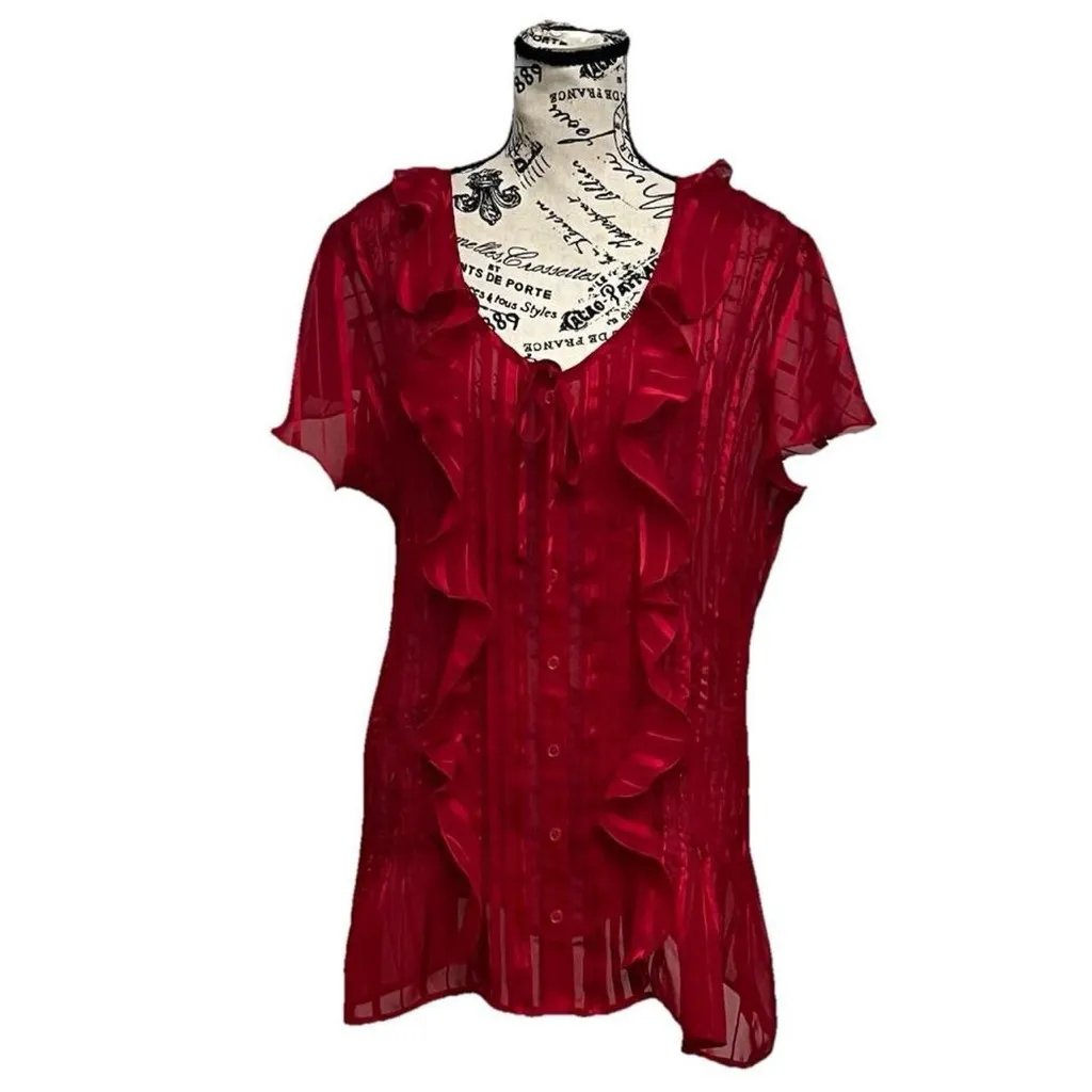 Vintage Y2k 90s Sheer NY Collection Blouse Women's Retro Pleated Crinkle Capsule Red Size XL - Image 2