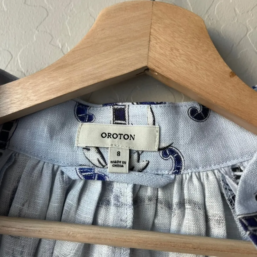 Oroton Dress Linen Lace Flower Smock Blue Floral Print‎ Tie Neck Mini Dress 8 - Image 6