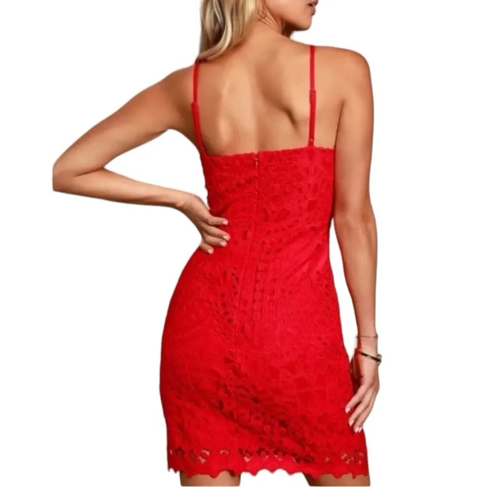 Lulus Mini Dress Lace Crochet Bodycon Spaghetti Strap Coral Women’s Size Small - Image 2
