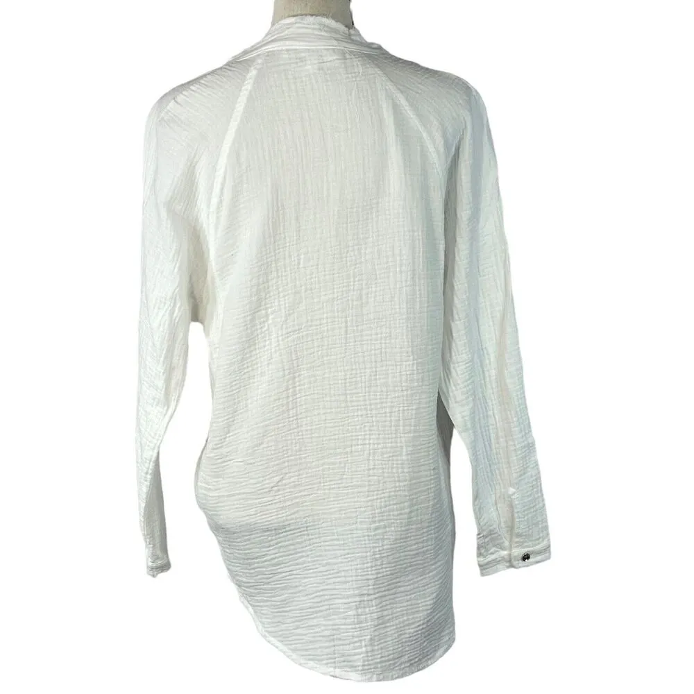 Adyson Parker X-Small Top Button-Up V-Neck Long Sleeve Pocket Gauzy Frayed White - Image 5
