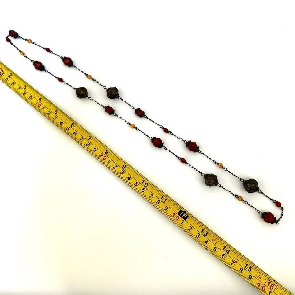 Orange and brass tone beaded long necklace - Image 6