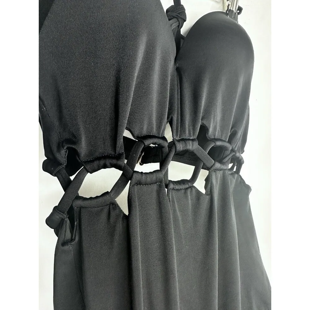 Shade & Shore Black plunge Halter One piece Swimsuit 34C NWT Peekaboo Woven Sexy - Image 5