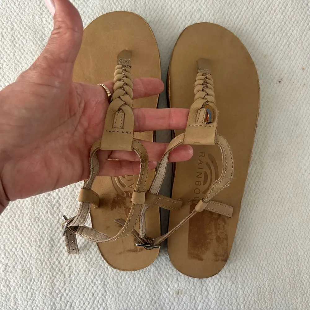 Rainbow Tan Braided T-Strap Sandals - Image 5