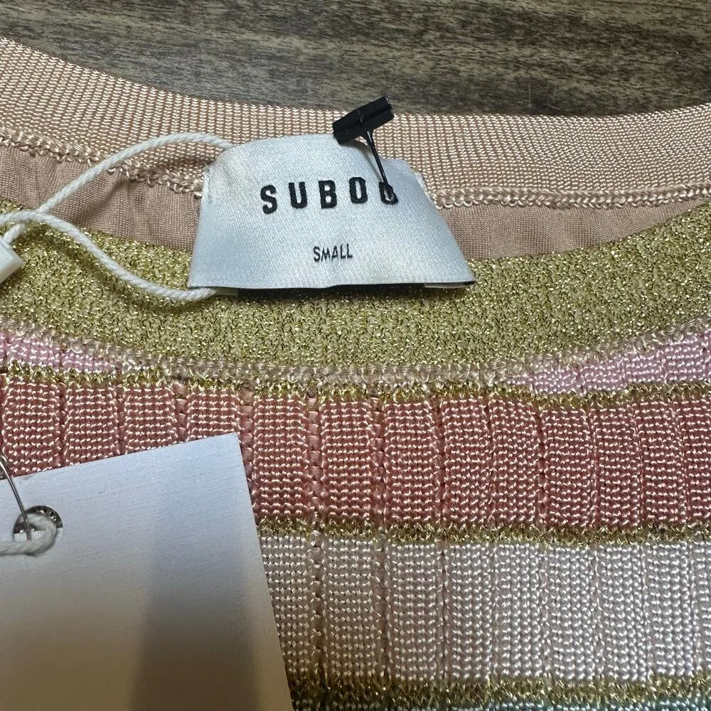 Suboo Willow High Neck Cut Out Mini Dress Metallic Pastel Stripe NEW Pink - Image 5