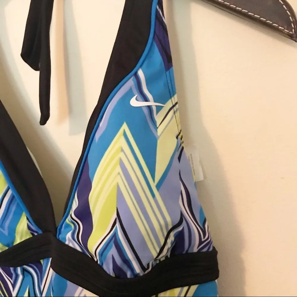 Nike Halter Tankini Swim Top Empire Waist Blue Green Black White Stripe L 10 - Image 5