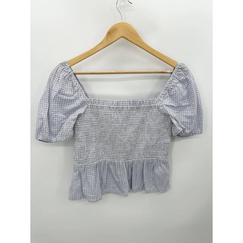 J.Crew Top Women SMALL Purple White Striped Short Sleeve Smocked Cropped - Image 9