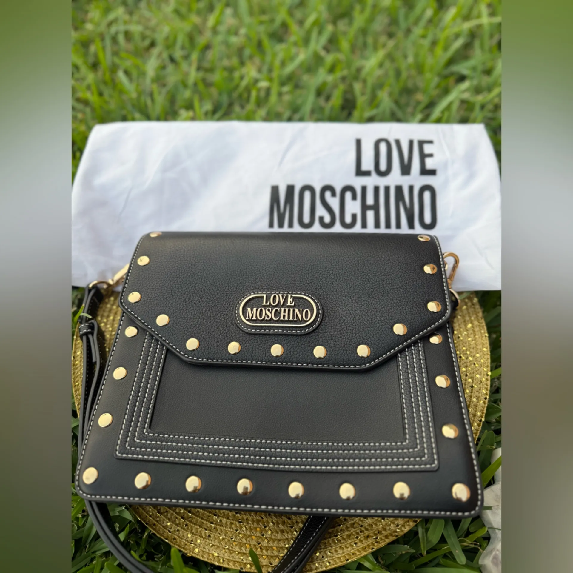 Love Moschino Black Studded Crossbody Bag- Elegant Eco-Leather With Gold Detail - Image 8