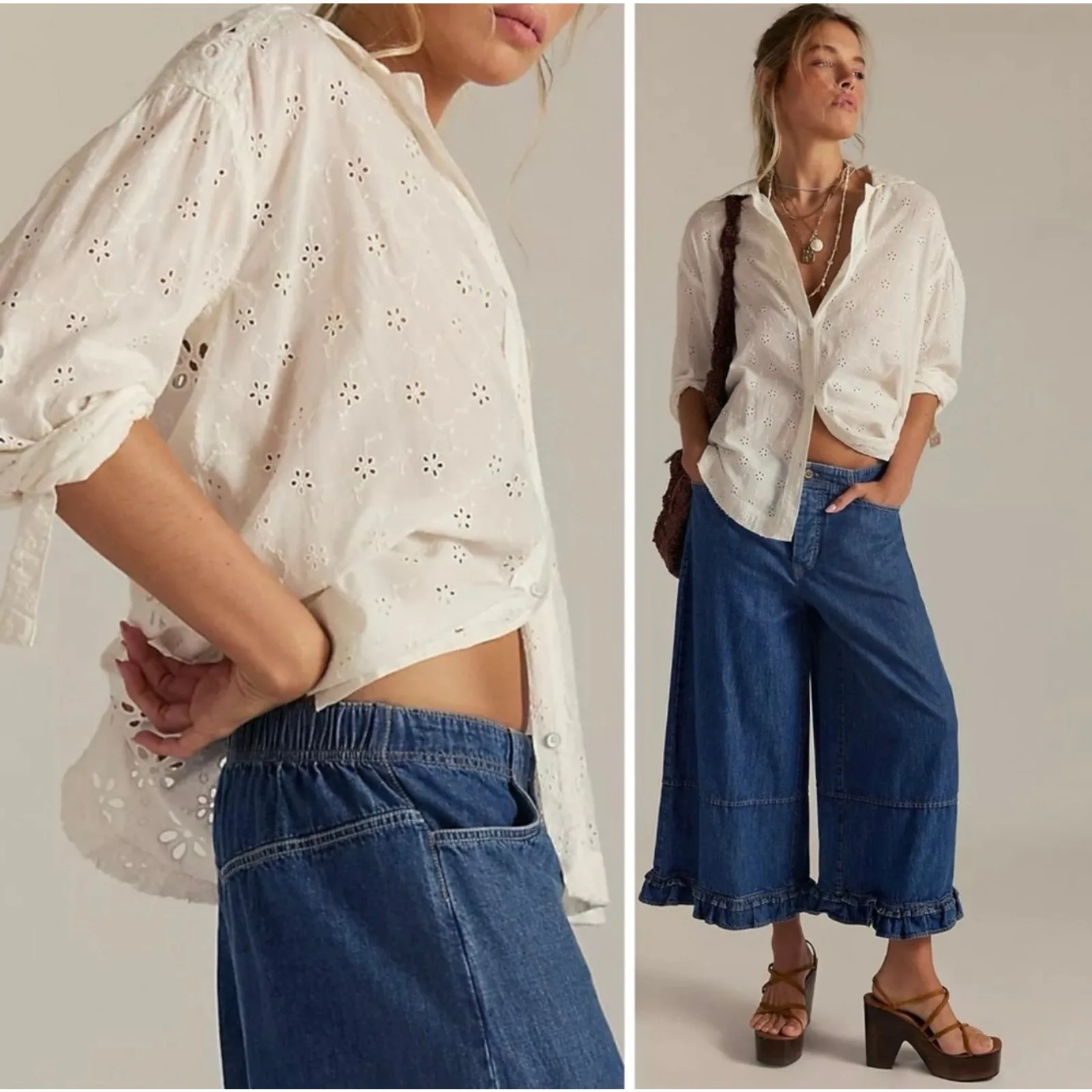 Free People Dainty Ethereal Cottage Mae Washed Eyelet Shirt in White Size Large - Image 8