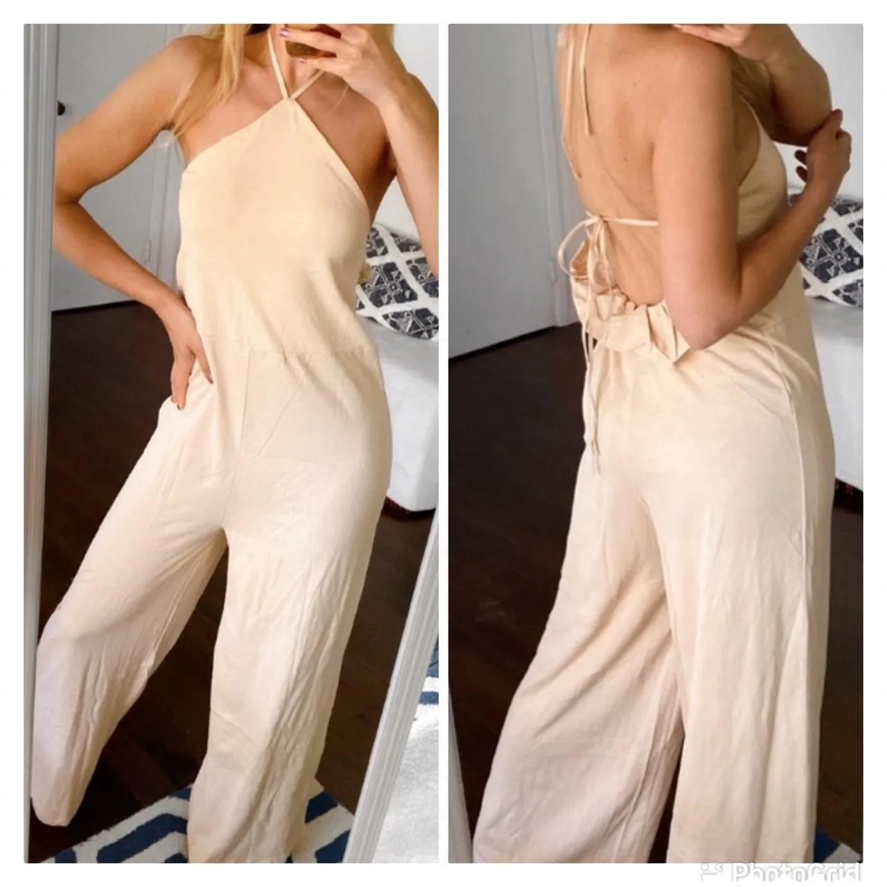 Zara Halter Ruffle Back Wide Leg Jumpsuit Beige Size Small Cotton Stretchy NWT - Image 3