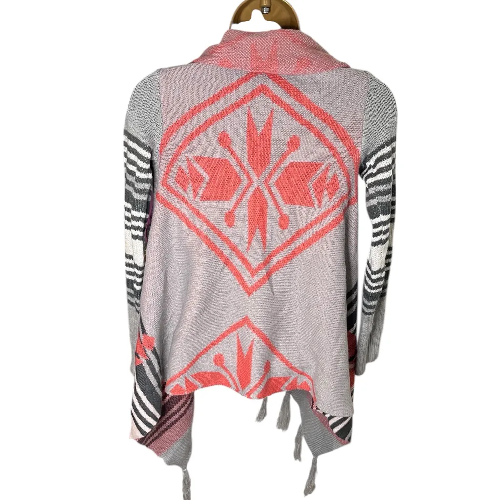 Full Tilt Fringe Hem Aztec Cardigan Open Front Gray Pink M Juniors - Image 2