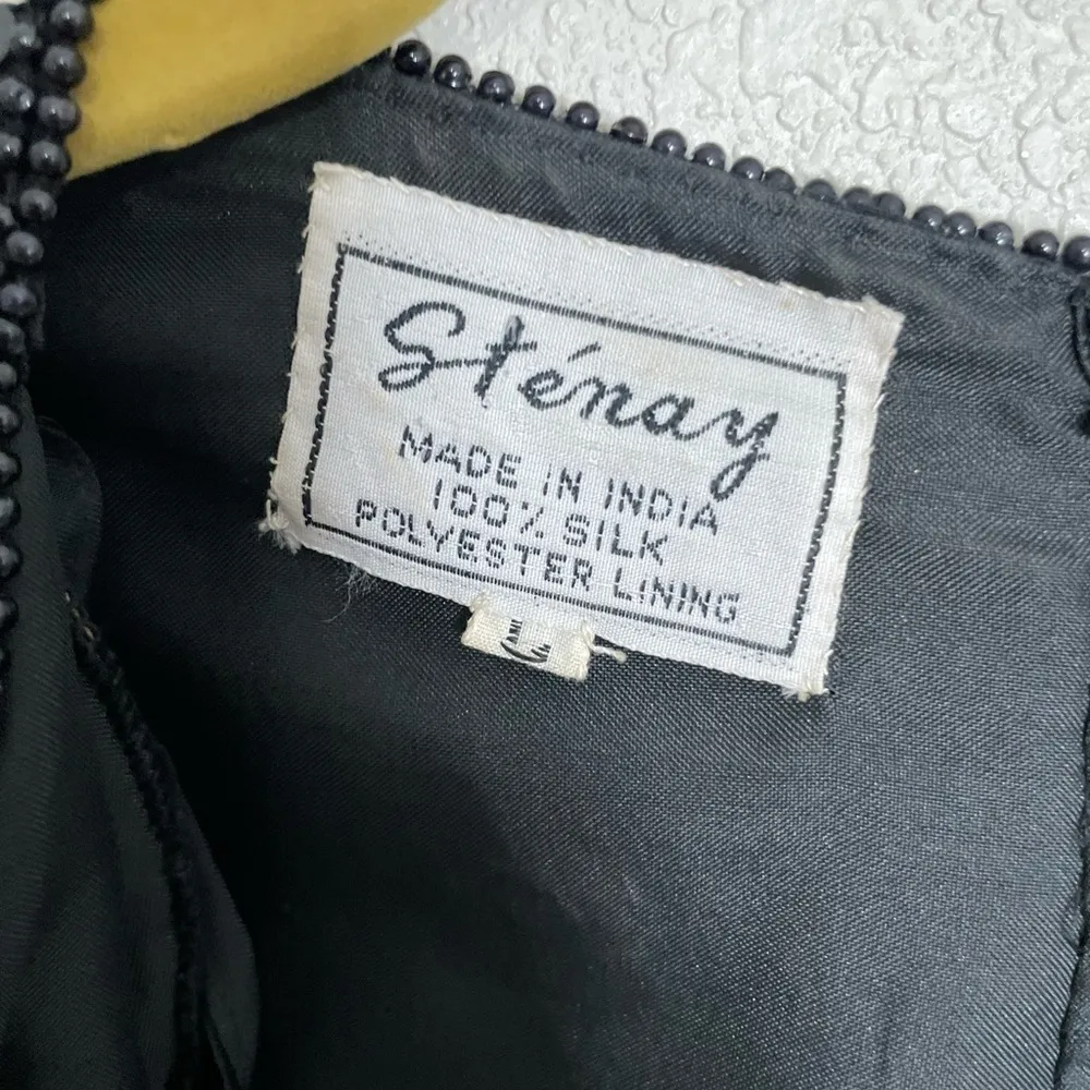 Vintage Stenay Silk Floral Black Sequin All Over Shoulder Pad Shirt Large - Image 2