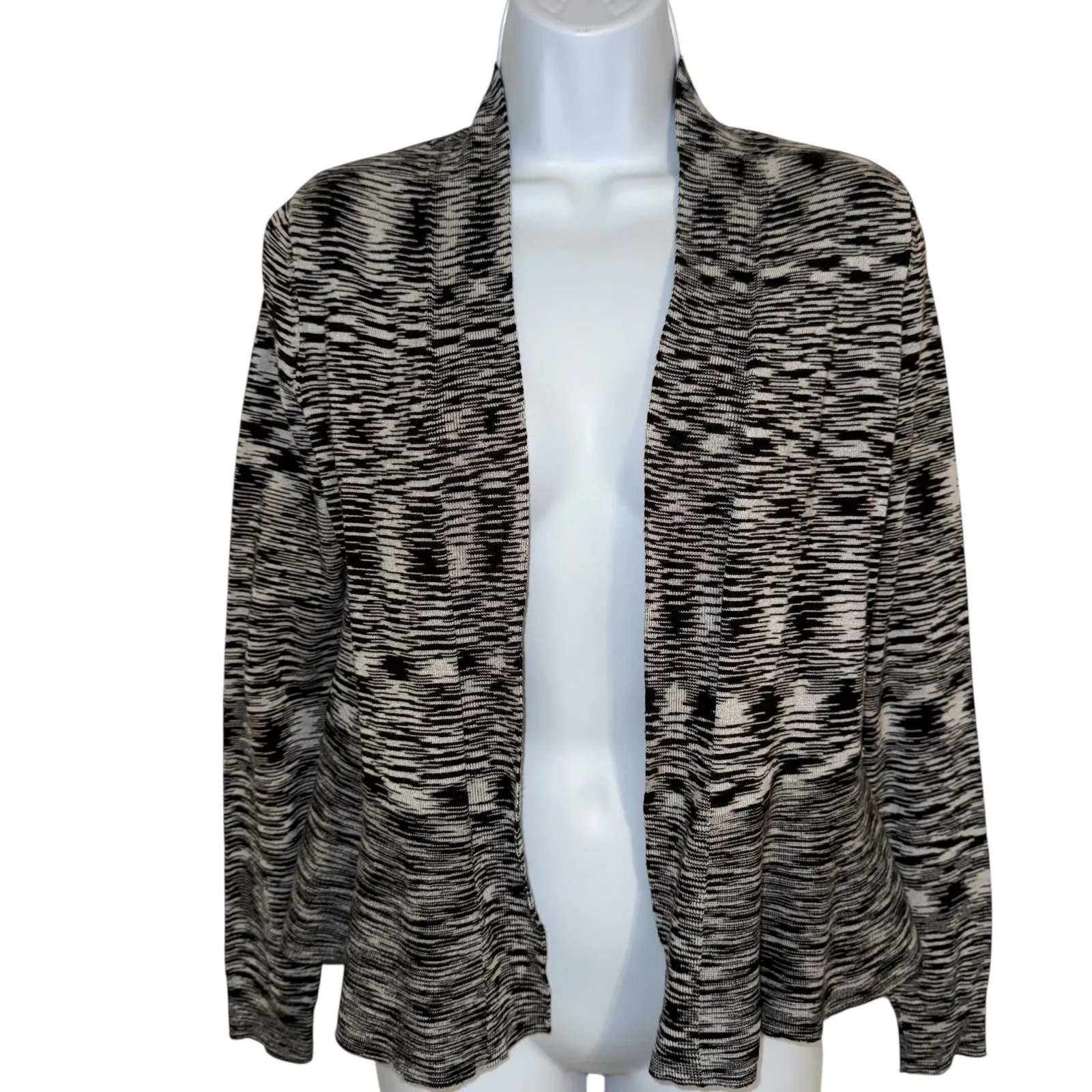 WHITE HOUSE BLACK MARKET Black White Marled Knit Open Front Peplum Cardigan XS - Image 2