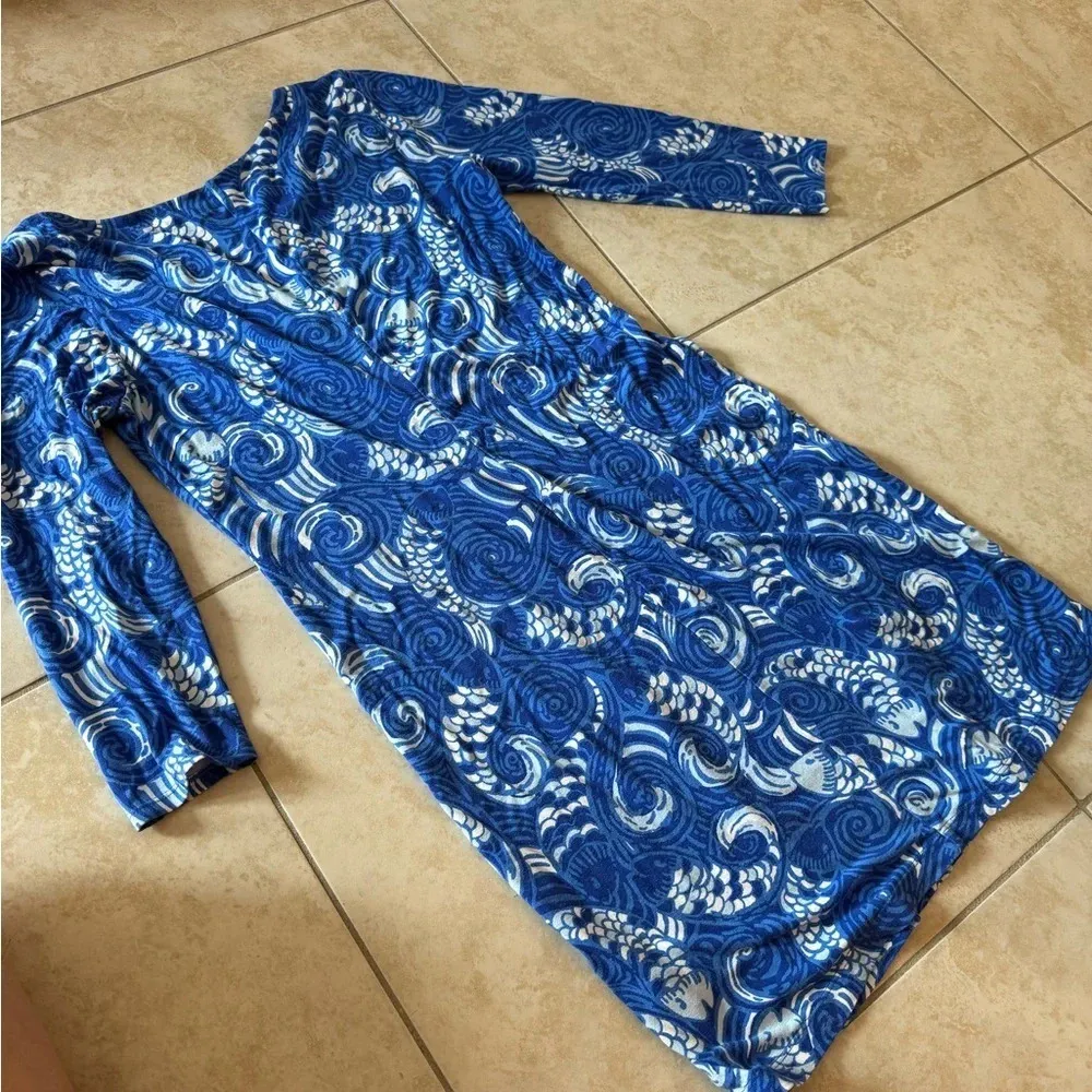 Lilly Pulitzer Sophiletta 3/4 Sleeve V neck Mini Dress Bold Blue Fish Size Small - Image 7
