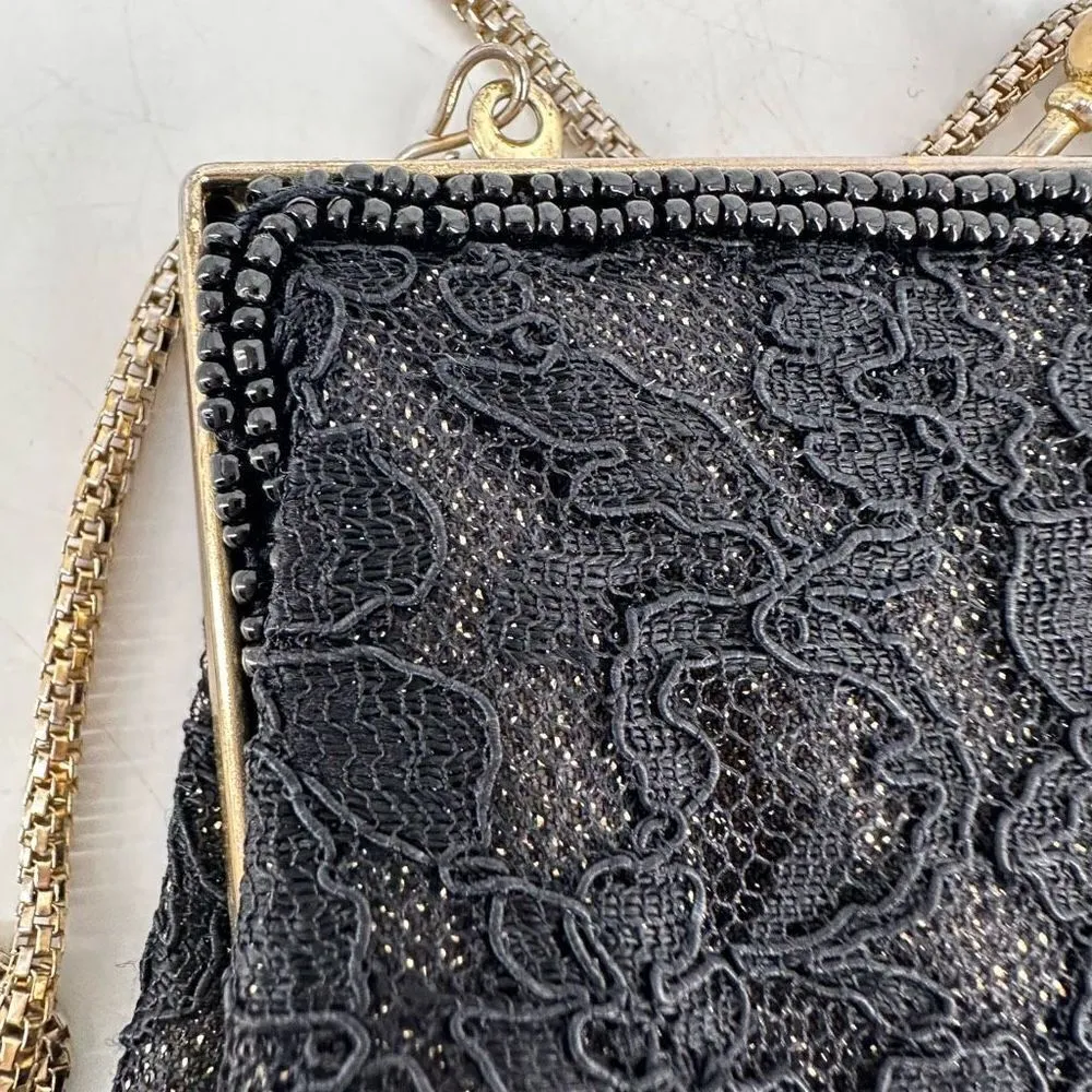 Le Regale Beaded Metallic black & gold Clutch Evening hand bag  rope chain small - Image 7