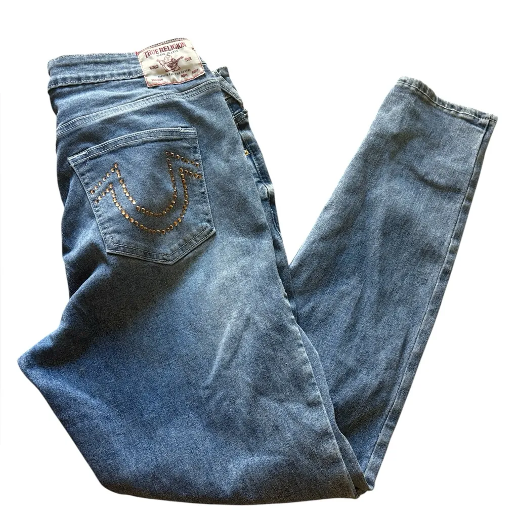 True Religion Blue Jeans with Tan Details - Image 7