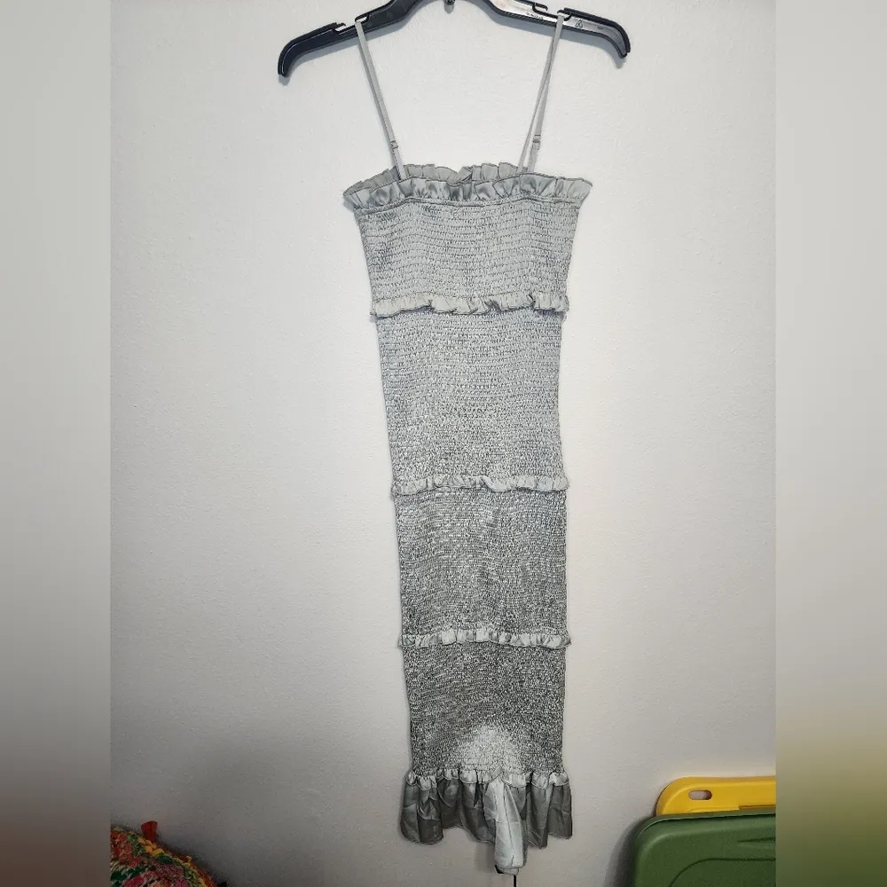 Mable Sage/grey Satin Smocked Fitted Midi Dress Gray - Image 5