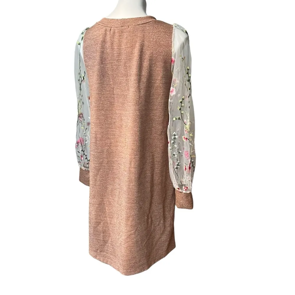 Renee C. Brown Metallic Dress with Sheer Mesh Embroidered Long Sleeves; Sz M - Image 5