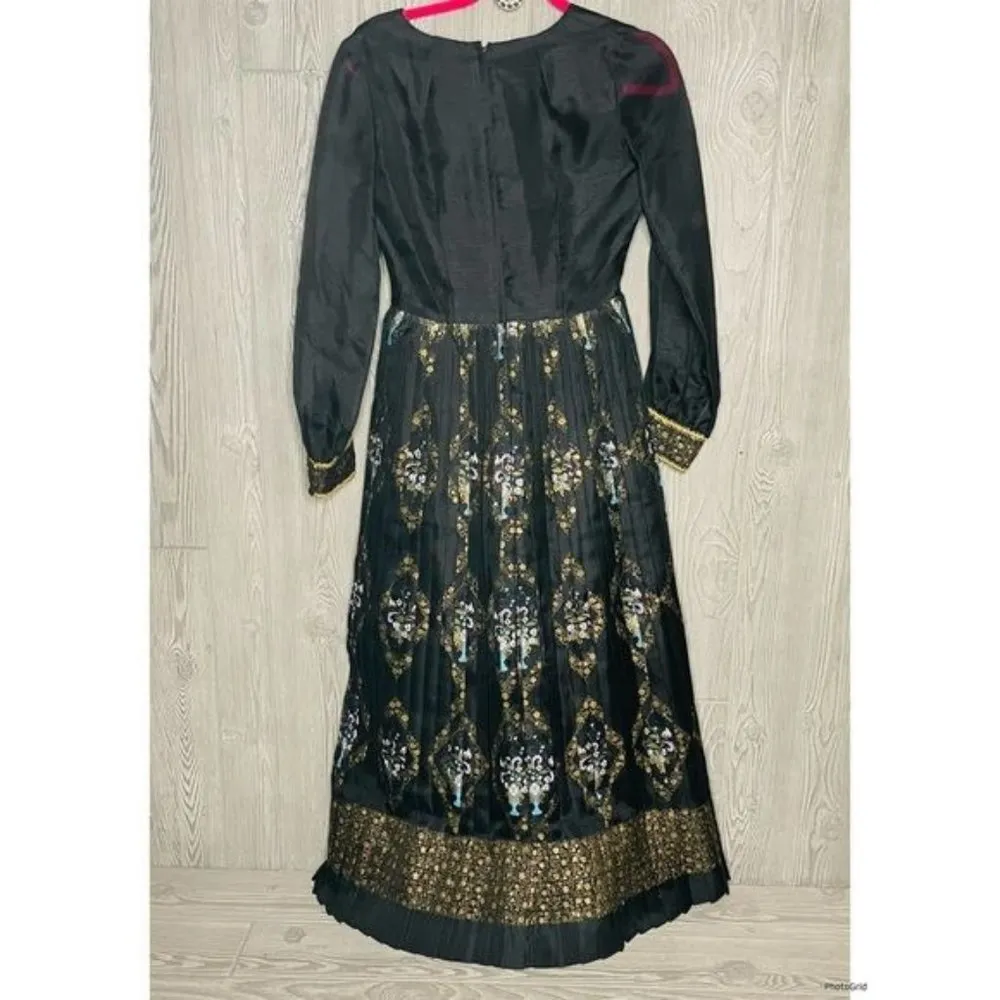 Vintage alfred shaheen hawiian floor length dress pleated skirt long sleeve 10 Blue - Image 3