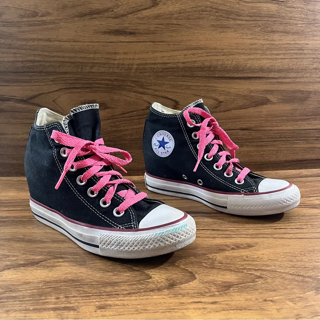 Converse Chuck Taylor All Star Lux Wedge Hi Black Sneakers Heel pink laces W6 - Image 3