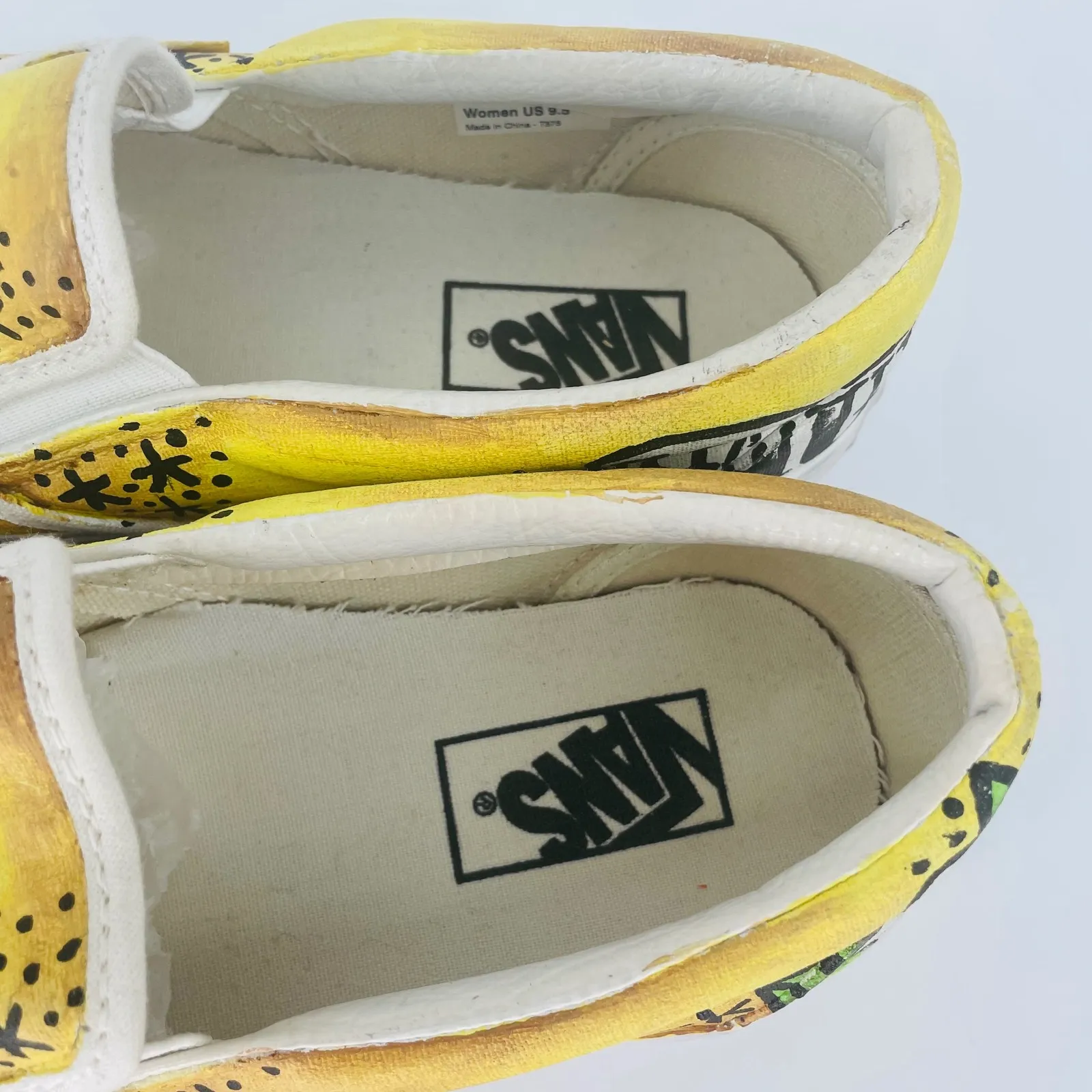 Vans Slip On Custom Painted Shoes Sugar Skull Rose Tattoo Art Yellow Size US 9.5 - Image 7