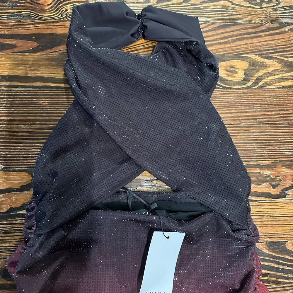 AKIRA NWT Black and Red ombré Ruched Halter Criss Cross front  Dress - Image 2