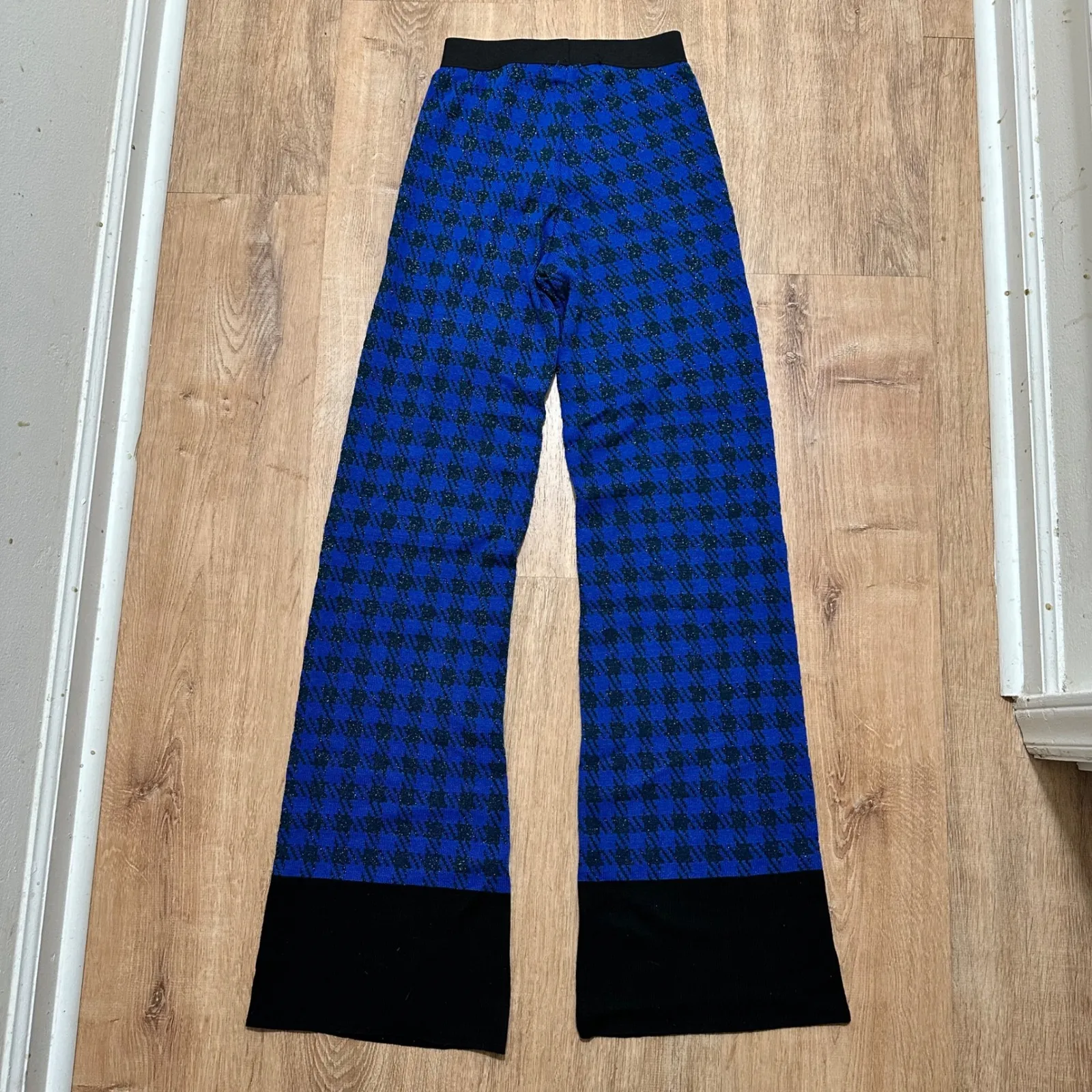 IVORIES | NWT Blue Black Sparkle Italian Skill Houndstooth Knit Flare Pants, S - Image 2