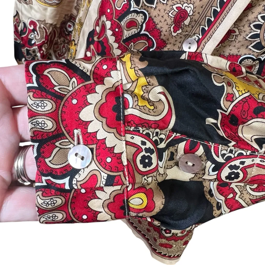 DANA BUCHMAN Paisley 100% Silk Button-up Top Red Gold Festive VTG Sz 6 Petite - Image 10