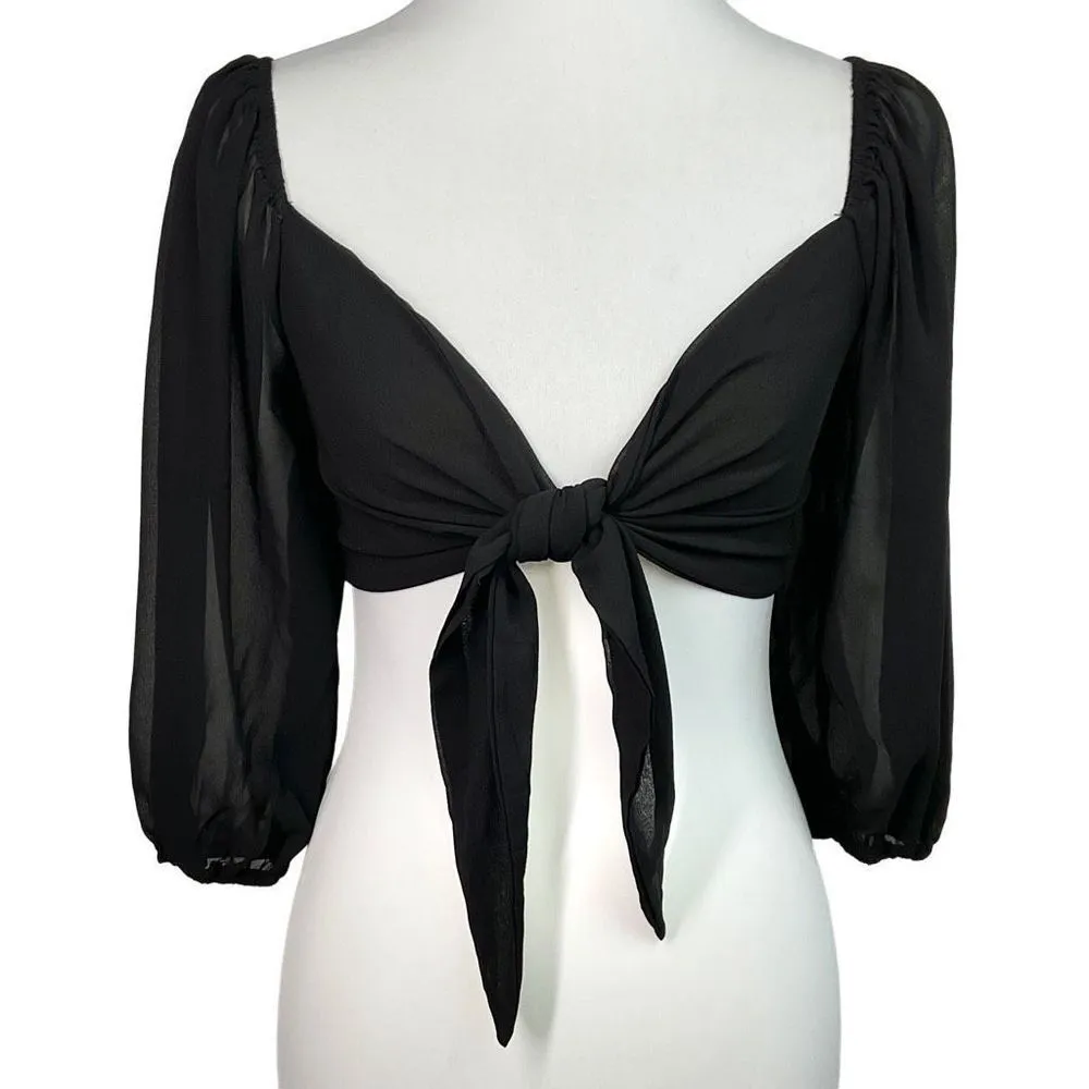 Papermoon Black Front Tie Shirred Sheer 3/4 Sleeve Crop Top Small New - Image 5