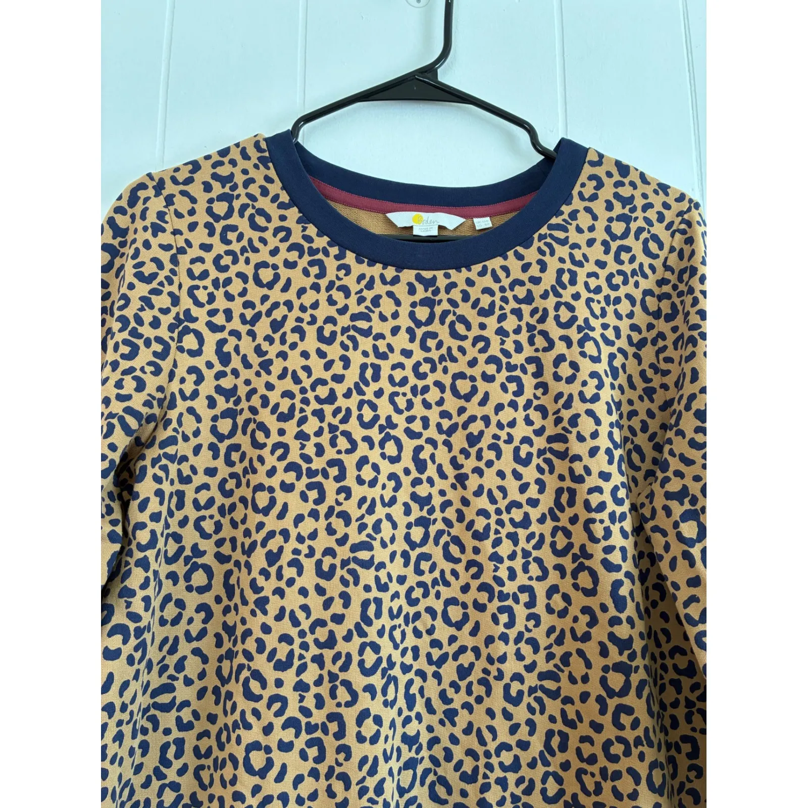 Boden Leopard Print Sweatshirt Dress Navy Trim Casual Women US 8 UK 12R Brown - Image 4