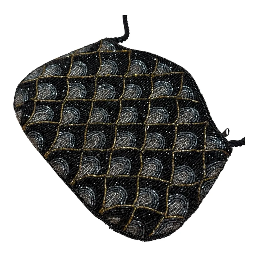 Vintage Black Gold Silver Beaded Evening Bag Art Deco Shoulder Purse Handbag - Image 3