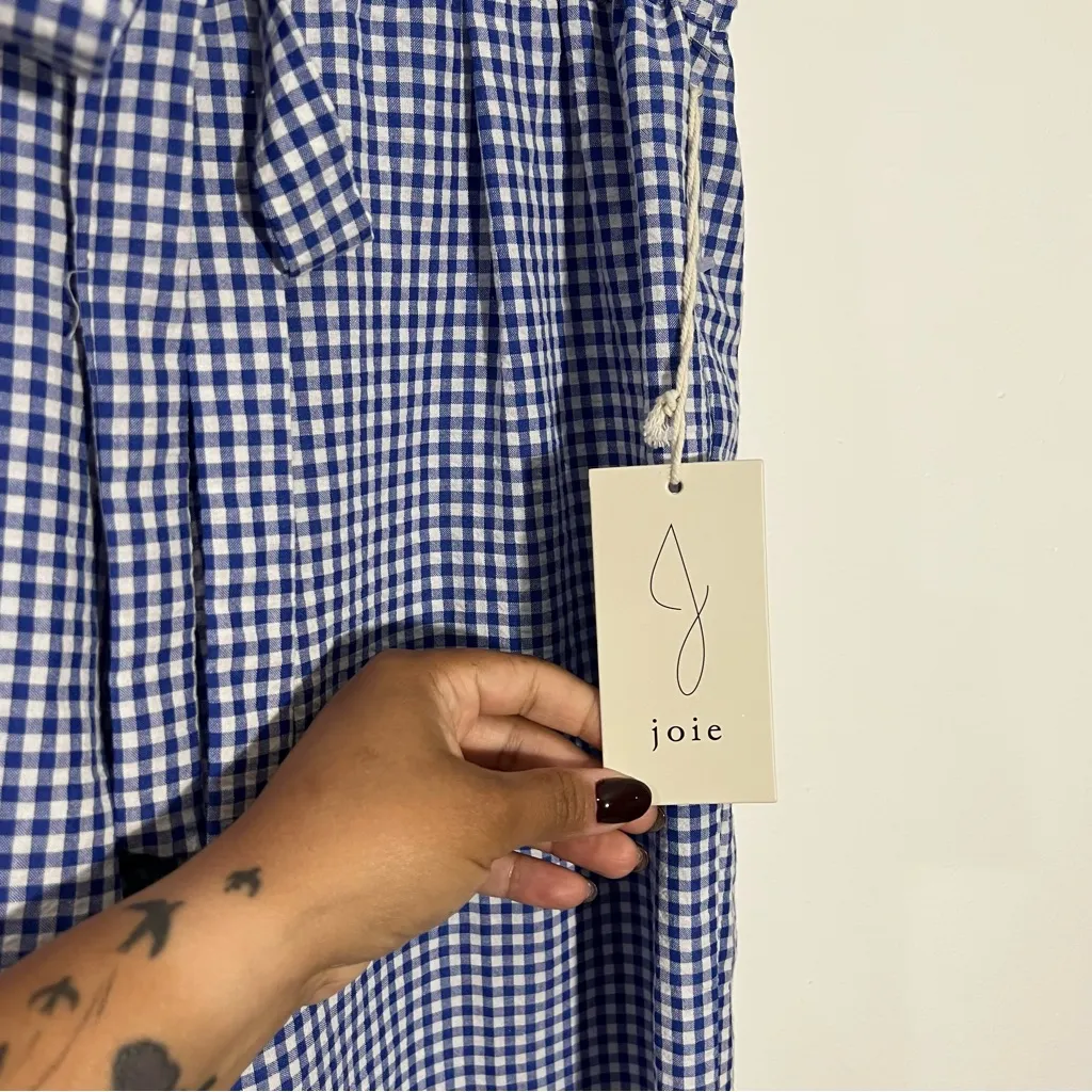 Joie Blue And White Gingham Paper-bag Wide Leg Pants‎ Belted Size Medium - Image 5