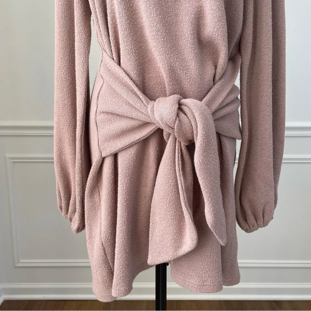 Saints + Secrets Beige Knit Front Knot Dress Balloon Sleeves L - Image 3