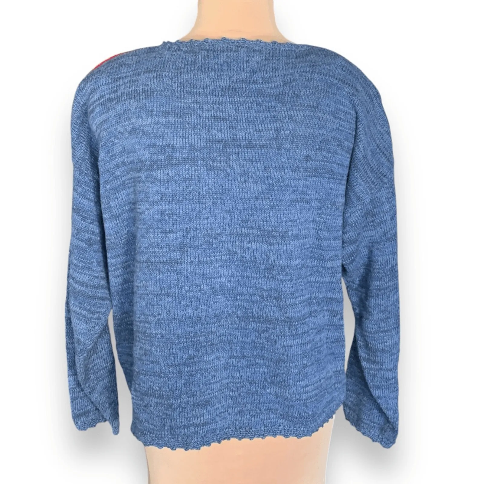 Vintage Patchwork Heart Cardigan Red Navy Folk Knit Sweater Large Romantic Blue - Image 6