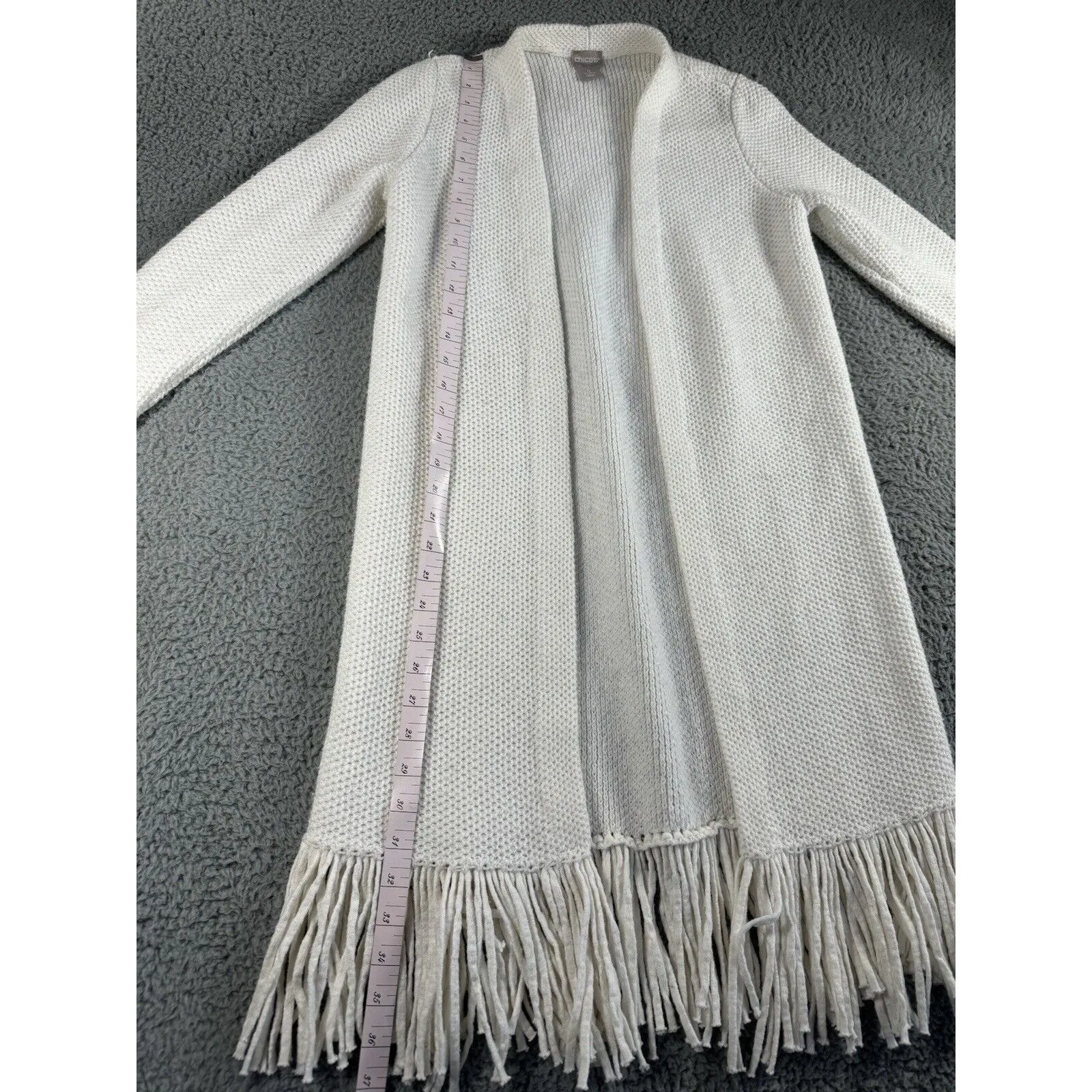 Chicos Cardigan Women 0 US Small Open Front‎ Fringe Hem Knit Long Sleeve - Image 5