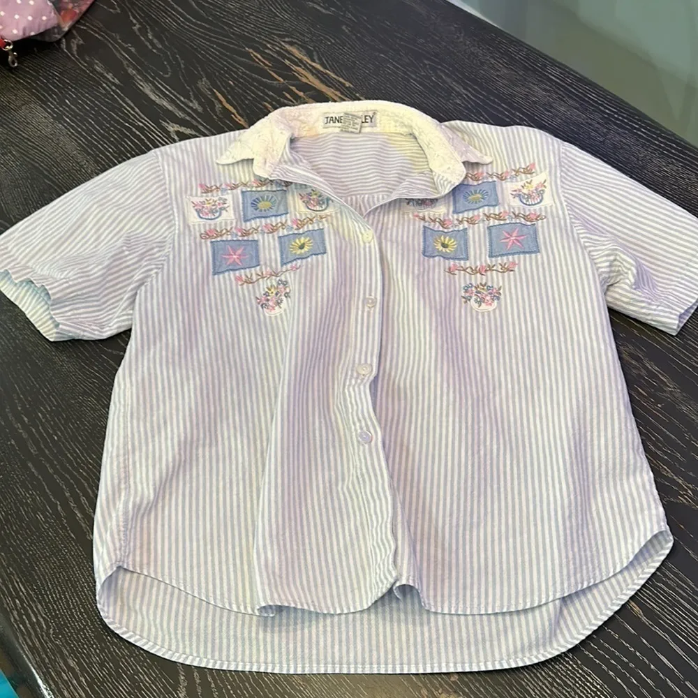 Jane Ashley Vintage BleuWhite Embroidered Shirt Eyelet Lace Collar cotton large - Image 5