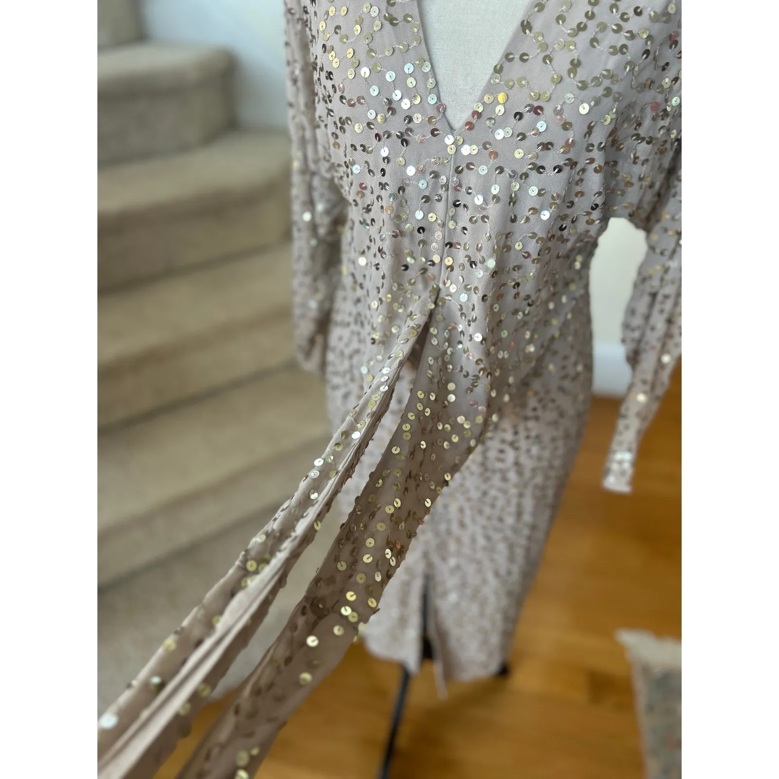 ASOS Taupe Grey Sequin Long Sleeve V-Neck Wrap Tie Sheath Midi Party Dress - Image 6