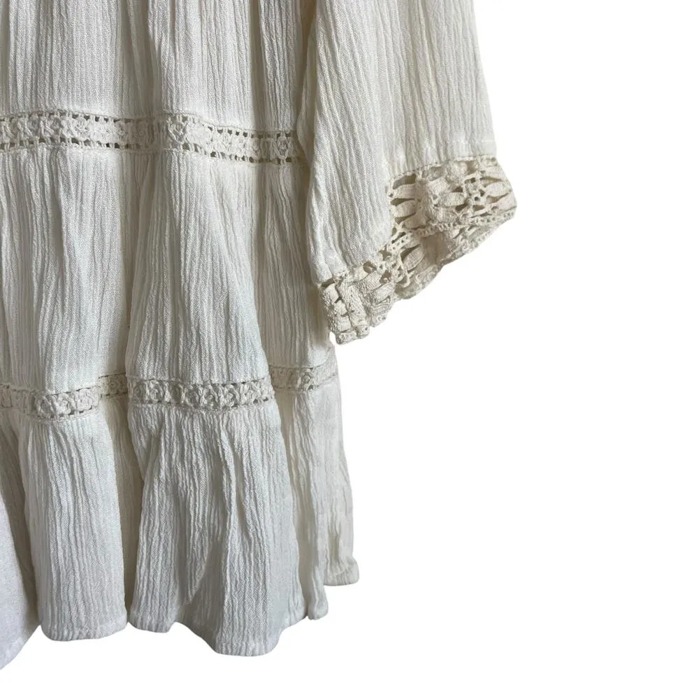 Japna Women Crop Top XS Ivory Embroidered Gauzy Crochet Inlet Boho Peasant Flowy - Image 4