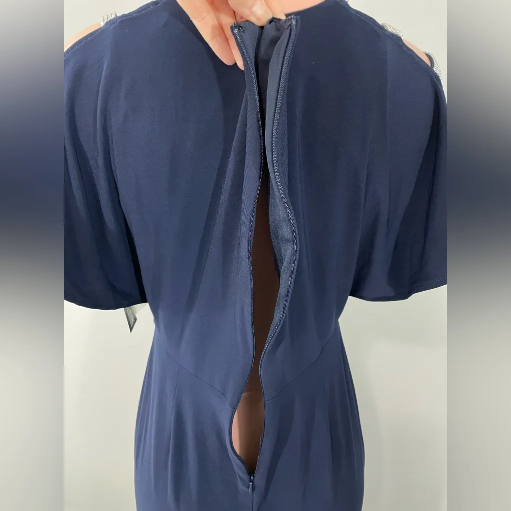 NWT Alex Evenings Long Knot‎ Front Dress Navy Blue Bling Sleeve Cutouts Size 10 - Image 9