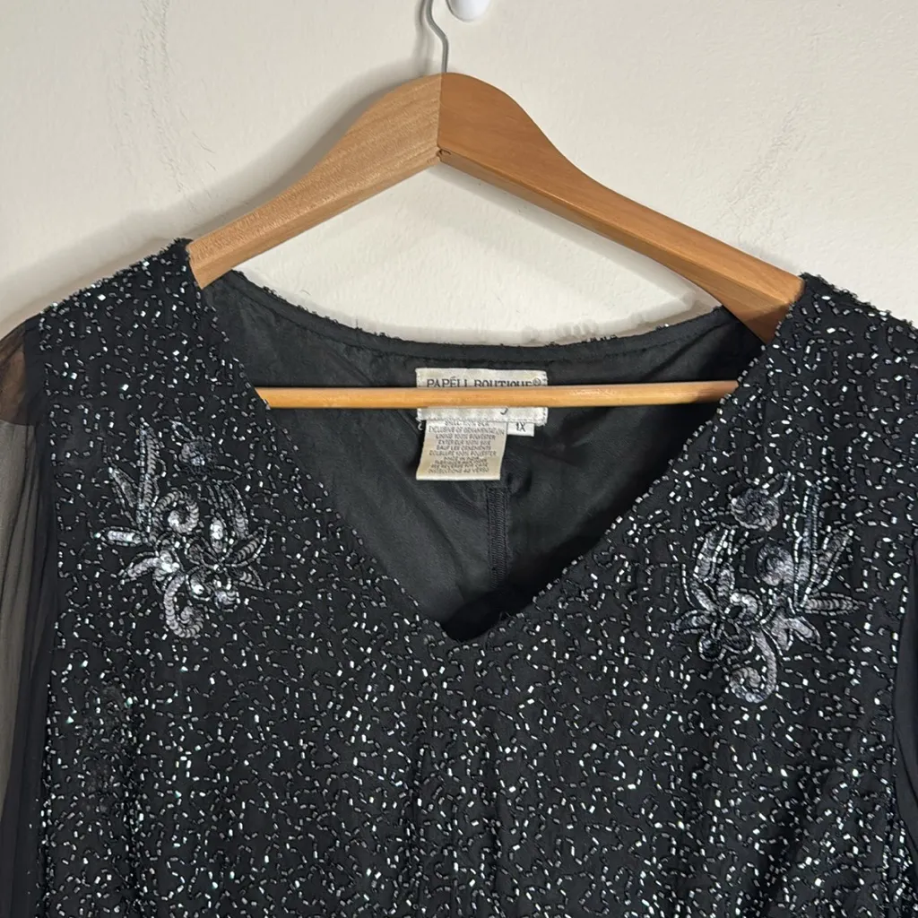 Pappell Boutique Evening Vintage Black Sequin Beaded Sheer Bell Sleeve Blouse 1X - Image 4