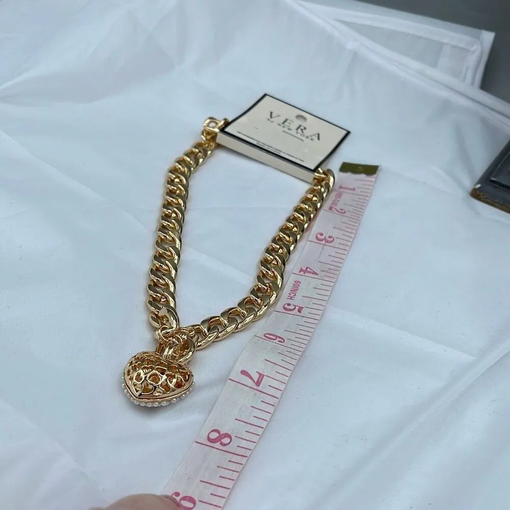 NWT Vera by New York bold chain and faux pearl heart choker Gold - Image 4