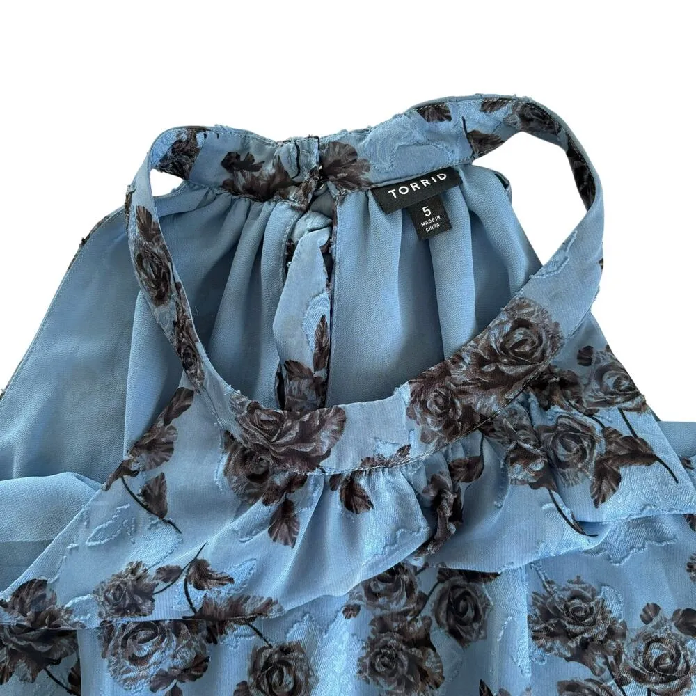 Torrid Romantic Rose Blue Floral Print Chiffon Mock Neck Halter Top Size 5X - Image 6