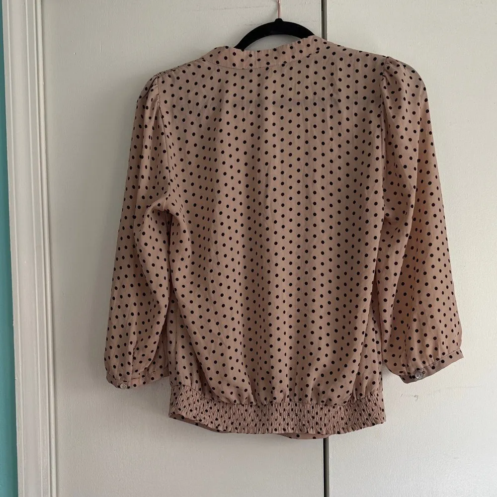 The Limited Polka Dot Tie Neck Blouse Women's Size S‎ Beige Black 3/4 Sleeve - Image 6